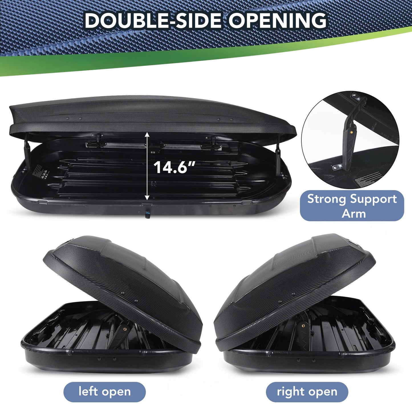Hard Shell Rooftop Cargo Carrier with 14 cu ft Capacity, Weather-Resistant roof Cargo Box for car top Carrier, Features Dual-Side Access, Secure Straps, and Keys for Safe Storage.