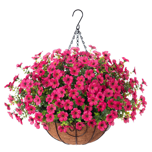 HyeFlora Artificial Fake Hanging Plants Flowers Basket for Outdoor Outside Porch Summer Decoration, Faux Silk Hotpink Dasiy UV Resistant Realistic in Planter for Home Patio Garden Yard