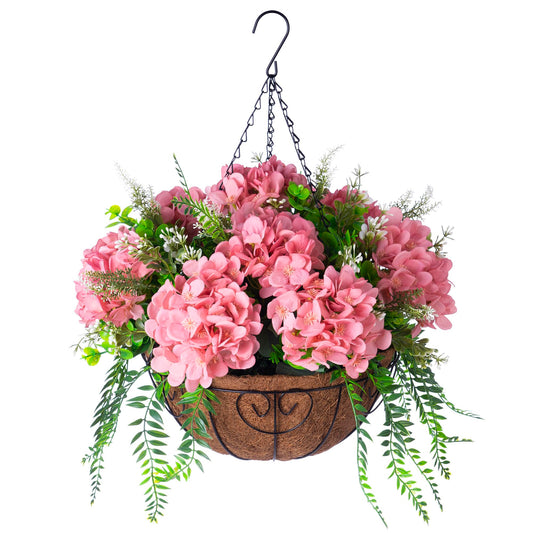 Artificial Hanging Hydrangea Flowers with Basket for Outdoor Spring Decoration, Fake Silk Hydrangea Flower Outdoor Indoor Arrangements, Fake Hanging Plants for Balcony Garden Yard Decor(Champagne)