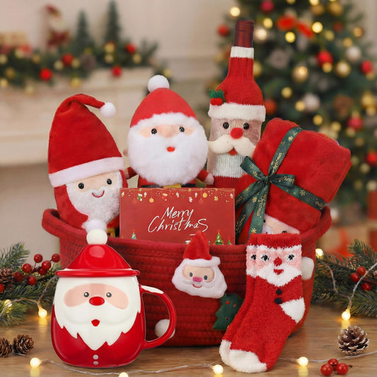 Ferrochef 7 Pcs Christmas Gifts Set for Women 2026 Christmas Gifts Basket with Santa Themed Mug Plush Doll Blanket Wine Bottle Cooler Holiday Card Merry Xmas Gift for Mom Coworker Friend Wife Sister