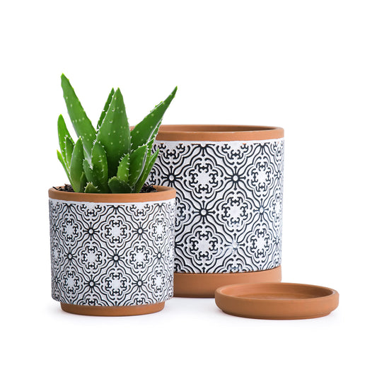 D'vine Dev Set of 2 Terracotta Pots, Vintage Design Planter Pot, 4 Inch and 6 Inch, Pot with Drainage Hole and Saucer, Terracotta/Black, 31-958-E-2