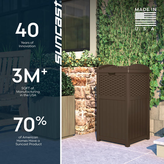 Suncast 33 Gallon Commercial Outdoor Trashcan Hideaway with Lid for 30 to 33 Gallon Trash Bags for Garage, Backyard, or Garden, Brown