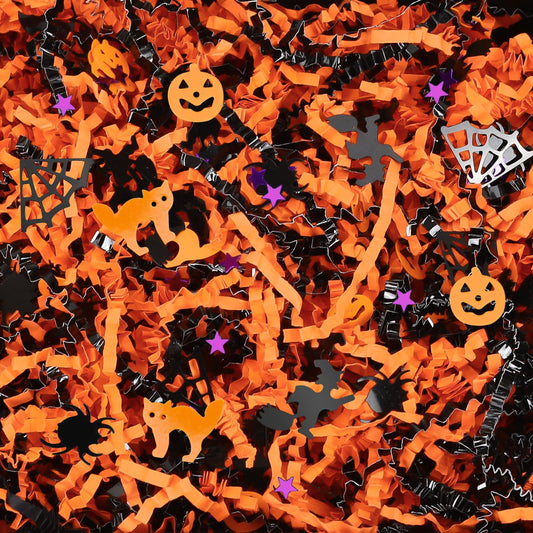 Jansun Halloween Black Orange Crinkle Cut Paper, 115g/4oz Shred Filler with Pumpkin Spider Bat Witch Confetti for Gift Wrapping Craft DIY Basket Filling Trick or Treat Candy Decorations