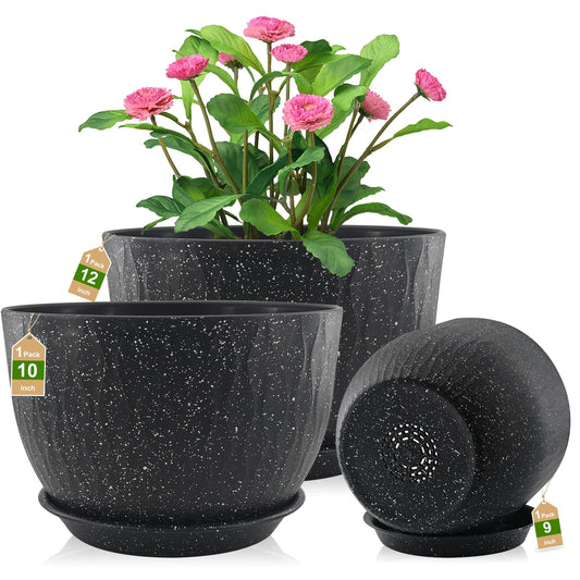 GDJUQZ 12/10/9 inch Plant Pots, 3 Pack Flower Pots for Outdoor Indoor Garden Plants, Large Planters with Multi Mesh Drainage Holes and Saucer (Speckled Black, 12"+10"+9")