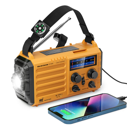 Emergency Weather Radio – 5-Way Powered NOAA Solar Hand Crank, AM/FM/SW, 18500mWh Power Bank, LED Flashlight, SOS Alarm – Portable Survival Radio for Power Outages & Storms (Yellow)