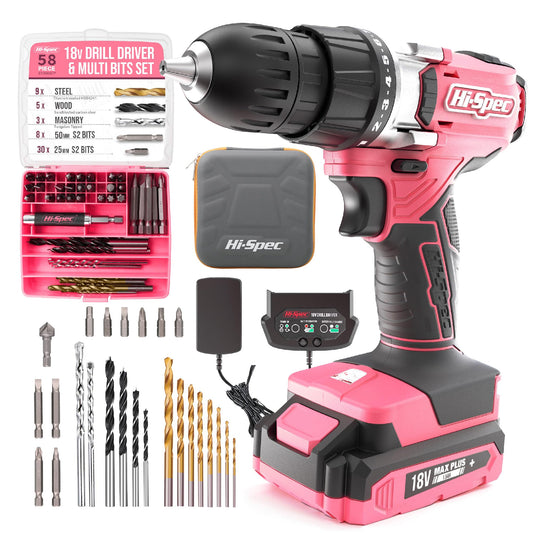 Hi-Spec Pink Cordless Drill Set, 18V Electric Drill with Battery And Charger,Includes Driver/Drill Bit Set for Wood, Steel and Concrete.In a Carrying Case for Home Repair, 58-Piece