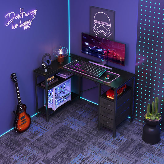 DUMOS L Shaped Desk with Shelf Drawers 47 Inch, Black Corner Computer Desks Gaming with Power Outlet, Study Table with Adjustable Shelves, Home Office Tables for Bedroom Teacher Reading Writing
