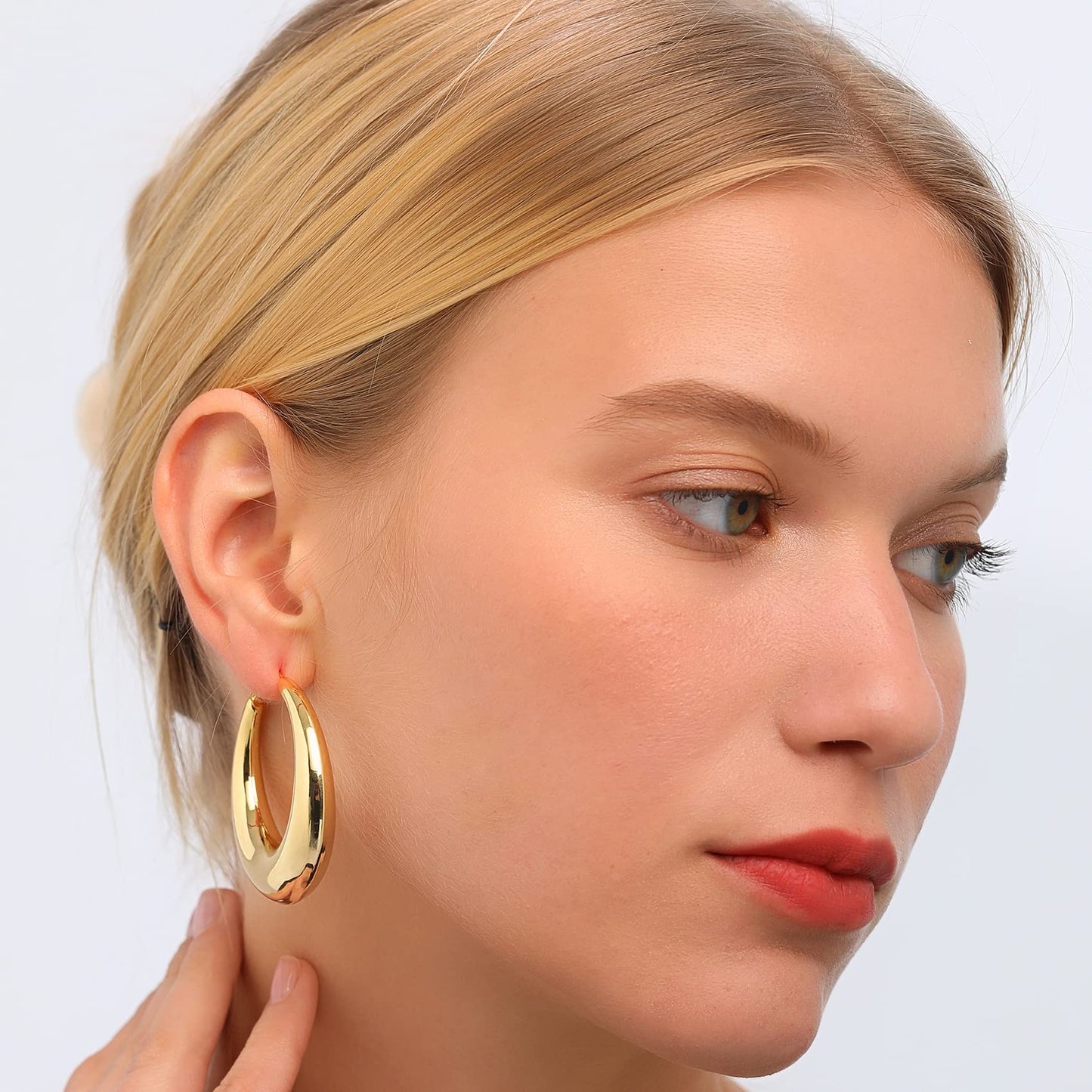 PABBEU Chunky Gold Hoop Earrings for Women, Lightweight 14k Golden Plated Hoops Earrings, Hypoallergenic 925 Oval Golds Hoops Earrings, Thick Gold Hoop Earrings for Women Gifts (38mm)