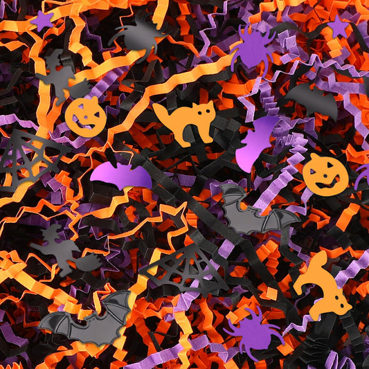 Jansun Halloween Black Orange Purple Crinkle Cut Paper and Confetti, 453g/16oz Shred Filler with Pumpkin Spider Bat Confetti for Gift Wrapping Craft DIY Basket Filling Trick or Treat Candy Decorations