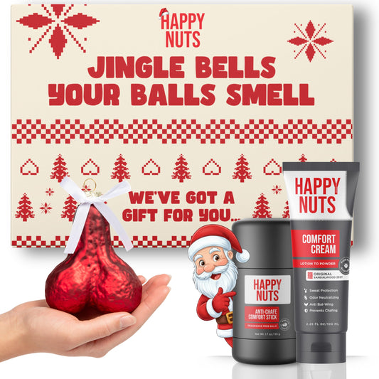 Happy Nuts Holiday Anti Chafing Deodorant Festive Essentials Bundle Kit - Perfect Men's Gift for Christmas - Includes Anti Chafing Comfort Cream Deodorant, Chafe Stick & Cheeky Ornament