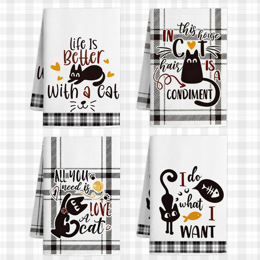 Vetoxka 4 PCS Black Cat Decor Kitchen Towels - Set Quick Drying Cute Hand Tea Dish Towel for Accessories Checkered Funny Saying Kitty Plaid for Cat Lover Home Decorations Bathroom Housewarming Gifts