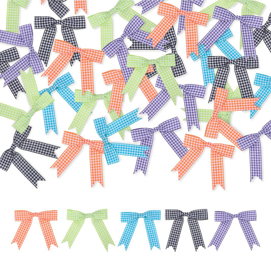 Meseey 50 Pcs Gingham Ribbon Bows with Twist Tie 3" Black Purple Turquoise Blue Neon Green Orange Premade Bows for Gift Wrapping Basket Wedding Baby Shower Brithday Party (3", Halloween)