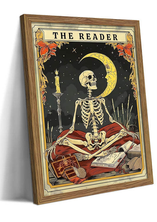 Framed The Reader Tarot Canvas Wall Art, Skeleton Reader Tarot Card Pictures Wall Decor, Bookish Witchy Library Poster Print Artwork for Witchy Reading Nook Book Lover Gift 8x10 inch