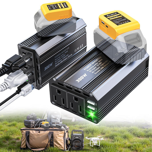 Ecarke 300W Portable Power Inverter Compatible with DeWALT 20V Battery, DC 20V to AC 110V Power Station with 2 AC Outlets, 3 USB Ports & 1 Type-C 18W, for Camping RV Emergency Use (No Battery)(2-Pack)