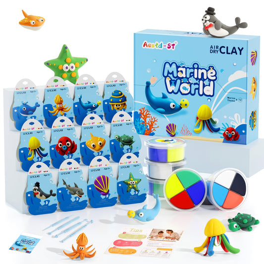 Air Dry Clay Kit - Ocean Theme, Modeling Clay for Kids, DIY Model Magic Clay with Sculpting Tools and Tutorials, 12 Boxes Molding Clay, Ultra Light, Soft & Non-Sticky, Arts and Crafts Gift for Kids