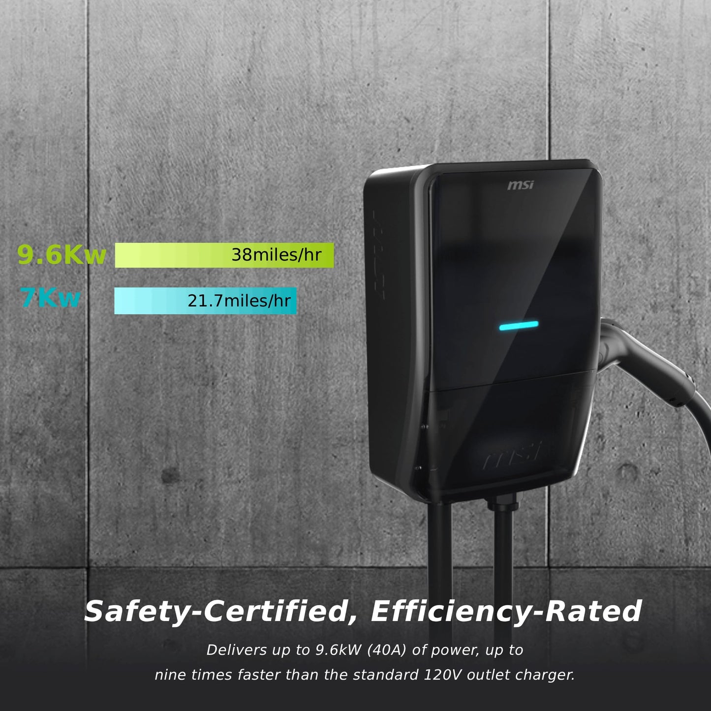 MSI EV Life Type 1 (J1772) NEMA 14-50, Level 2 Charger, 240V, 40A, 9.6KW, IP55 Rated-Water and dust Resistant, IK08 Impact Resistant, UL2594 Certified, Energy Star, 5 Years Warranty