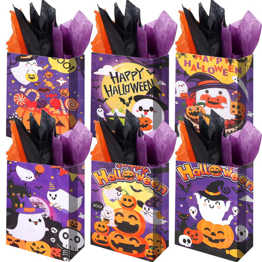 24Pcs Purple Halloween Paper Gift Bags and 24 Sheets Tissue Paper, Halloween Party Bags with Handle Candy Goodie Bags for Trick & Treat Party Supplies