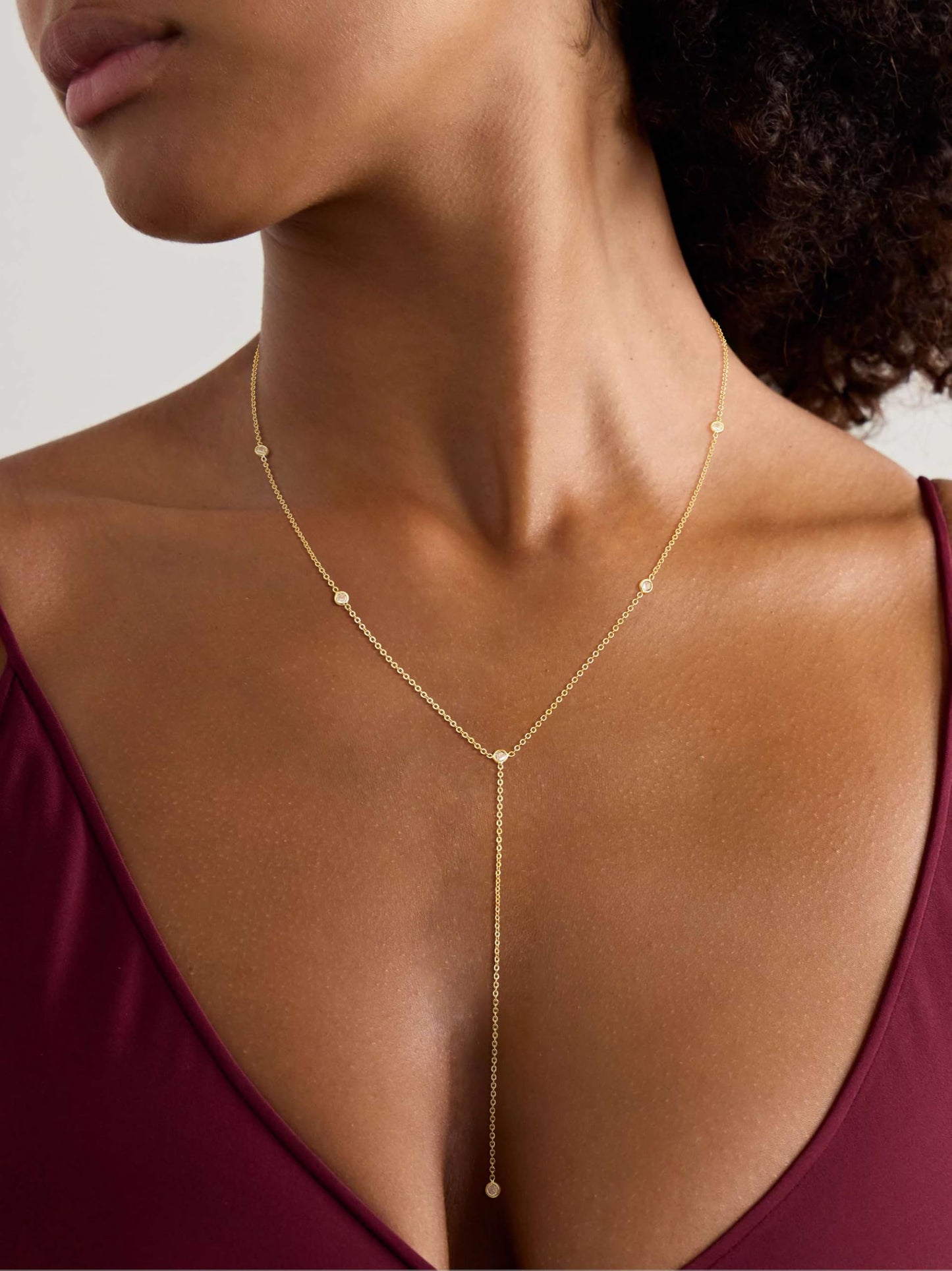 CHESKY Lariat Gold Necklace for Women, Dainty Long Necklace 14k Gold Plated Y-Shaped Pendant Necklace Trendy CZ Chain Drop Necklaces Simple Gold Jewelry for Women Gifts