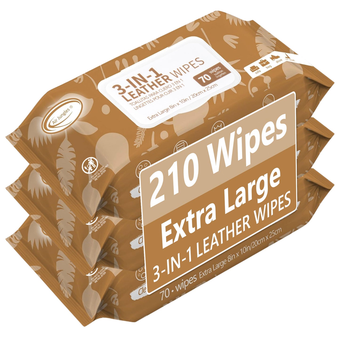 Air Jungles 3in1 Leather Cleaner Wipes 70 Count, Extra Large 8" x 10" Size, Clean Condition Protect Wipes for Vinyl and Leather Apparel Furniture Auto Car Interior Shoes Boots Bags