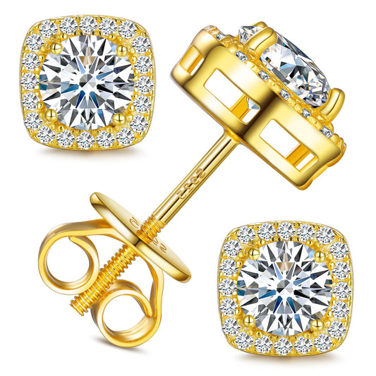 Gugots Moissanite Halo Square Stud Earrings Screw Back 925 Sterling Silver Lab Brilliant D Color VVS1 Clarity Hypoallergenic Earrings for Women Men 18K Gold Plated 0.8CT 6MM*2