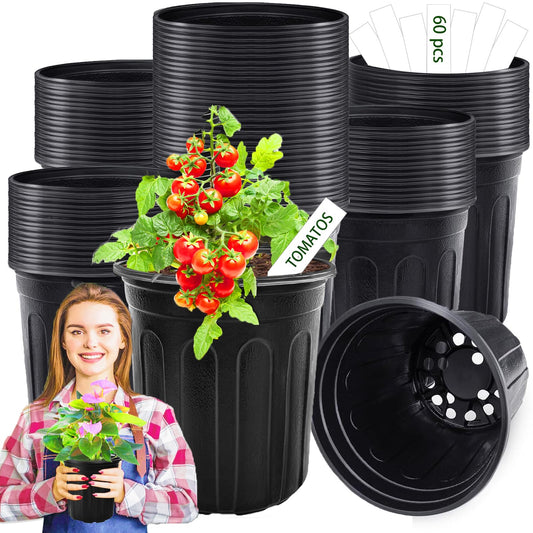 Paradi star 60 Pcs 1 Gallon Flexible Plant Nursery Pots,Plastic Thickened Soft Seedling Pot with Plant Labels,Flower Seed Starting Containers for Succulents,Transplanting,Indoor Outdoor,Black