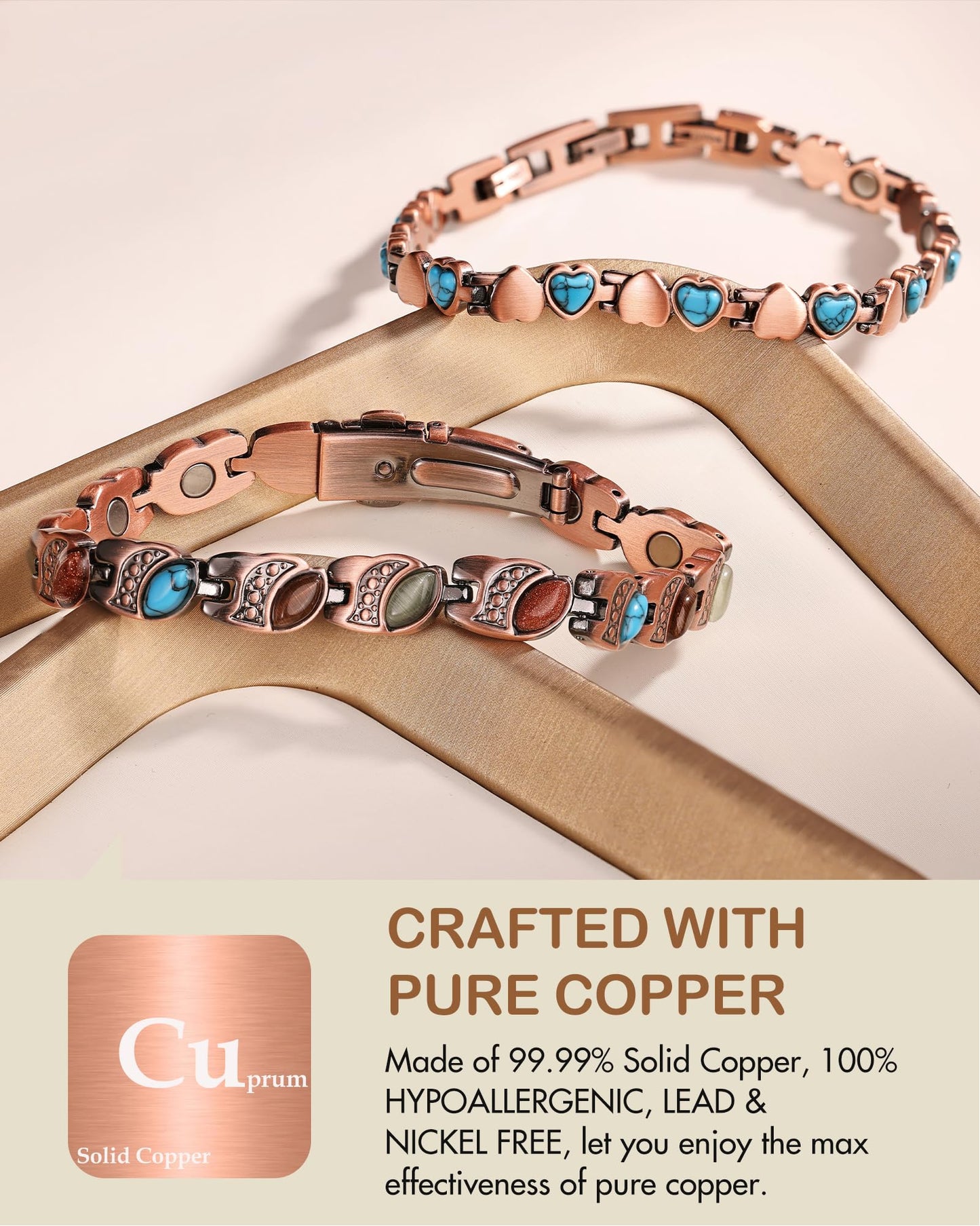 Feraco Pure Copper Bracelets for Women, Ultra Strength Magnetic Copper Bracelet with 3800 Gauss Magnets, Natural Turquoise & Stones, Adjustable, Jewelry Gift, Soul Vision