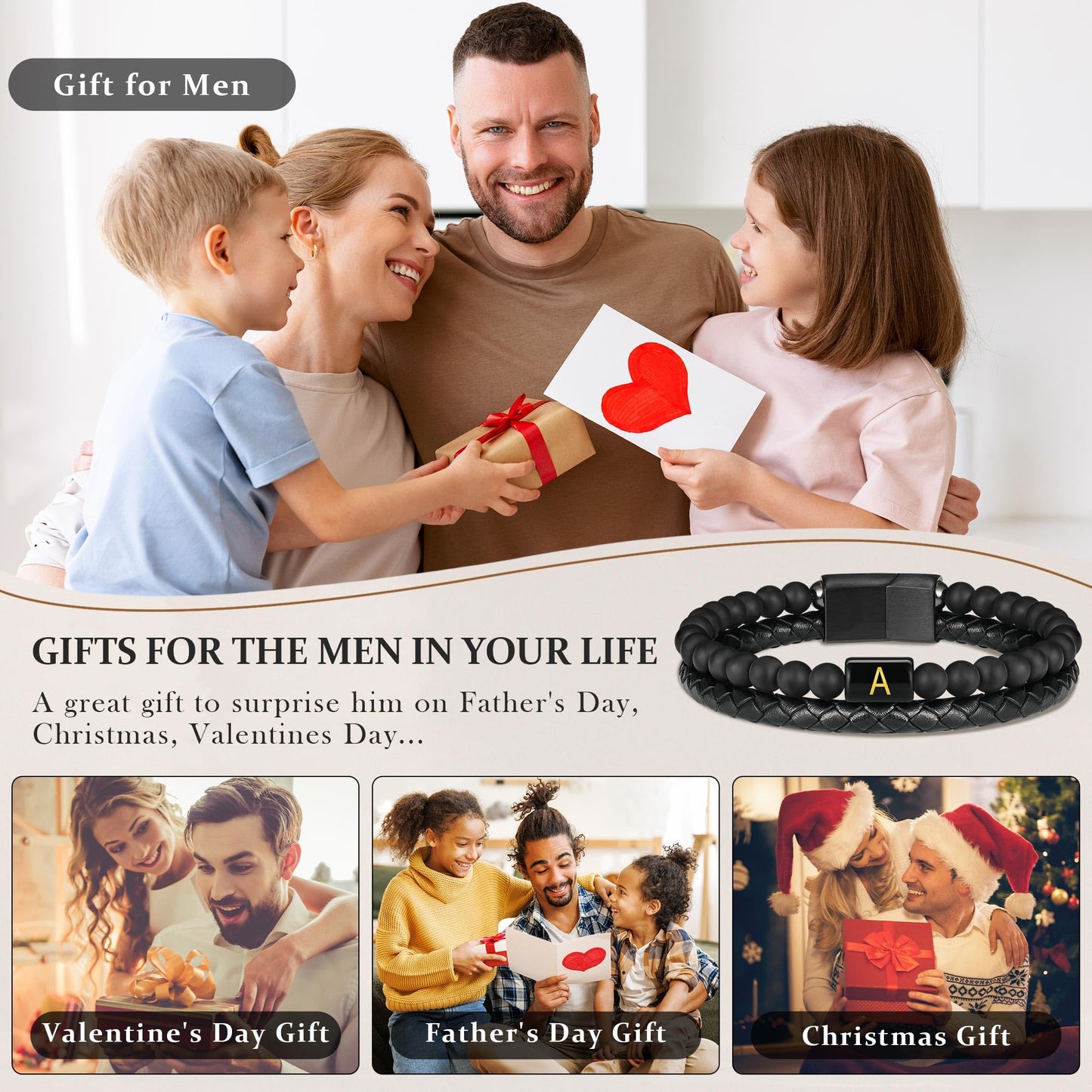 Bracelets for Men - Men Gifts Matte Agate Bead Magnetic Clasp Black Mens Leather Bracelet with Initial Black Mens Leather Bracelets Initial V Bracelet for Men's Jewelry Men's Gifts for Dad Husband Him
