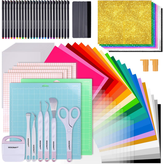 GO2CRAFT All-in-One Accessories Bundle, 90Pcs Ultimate Tools and Accessories with Vinyl, Weeding Tools, Transfer Tape, Crafting Starter Kit
