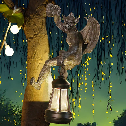 Melnixia Dragon Winged Gargoyle Tree Hugger with Solar Lantern Gothic Lamp Wall Fence Hanger Decor Garden Statue Yard Patio Unique Perfect Present for Women Mom Grandma