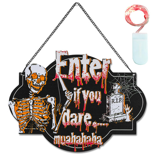 Walasis Halloween Decorations Skull Door Sign: Skeleton Wall Decor Lighted Wreath for Front Door - Scary Wooden Holiday Black Wall Hanging for Porch Window Party