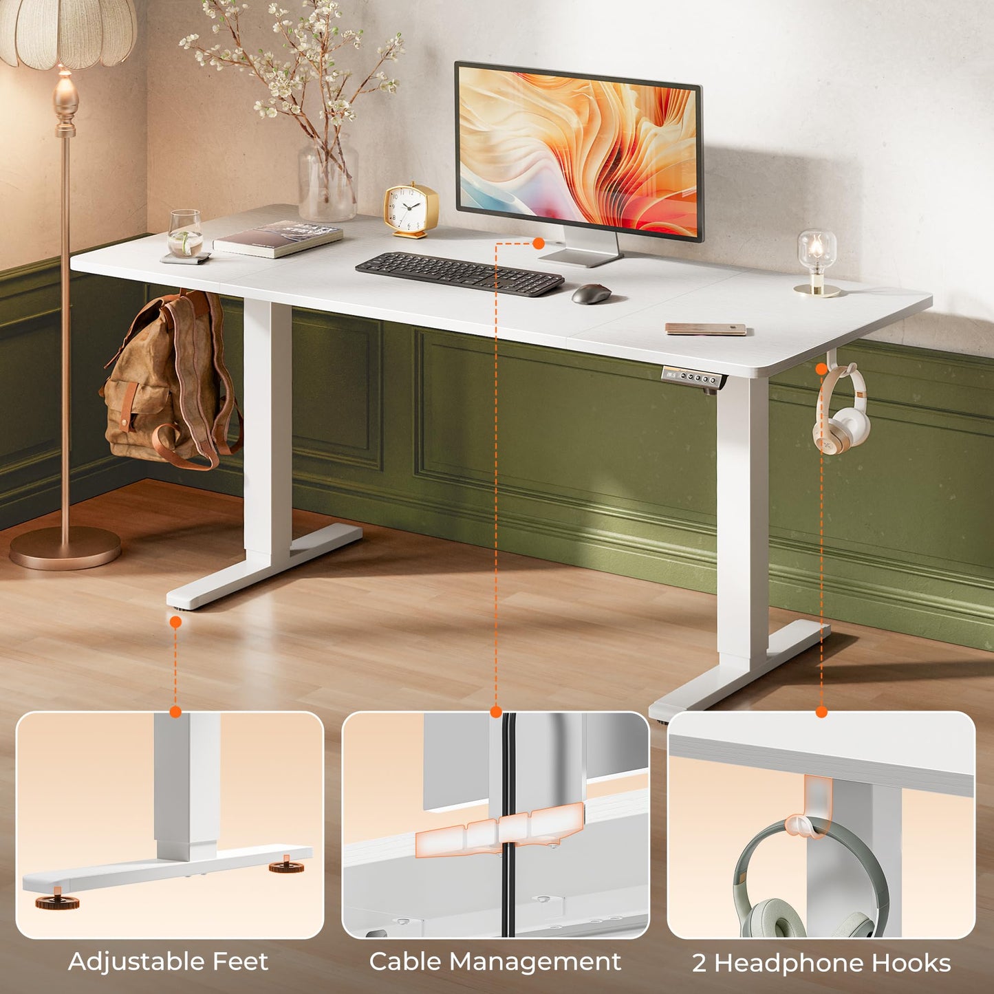 Huuger 63 x 28 Large Electric Standing Desk, Height Adjustable Computer Desk, 27.6" Deep Desktop, Stand up Gaming Office Table with 2 Hooks, 3 Preset Heights, for Home Office, White