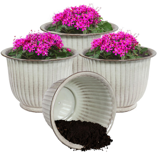 Sunnydaze Carlotta 14.75" Metal Outdoor Plant Pot Set with Drainage Holes and Rubber Plugs - White Glaze - Set of 4
