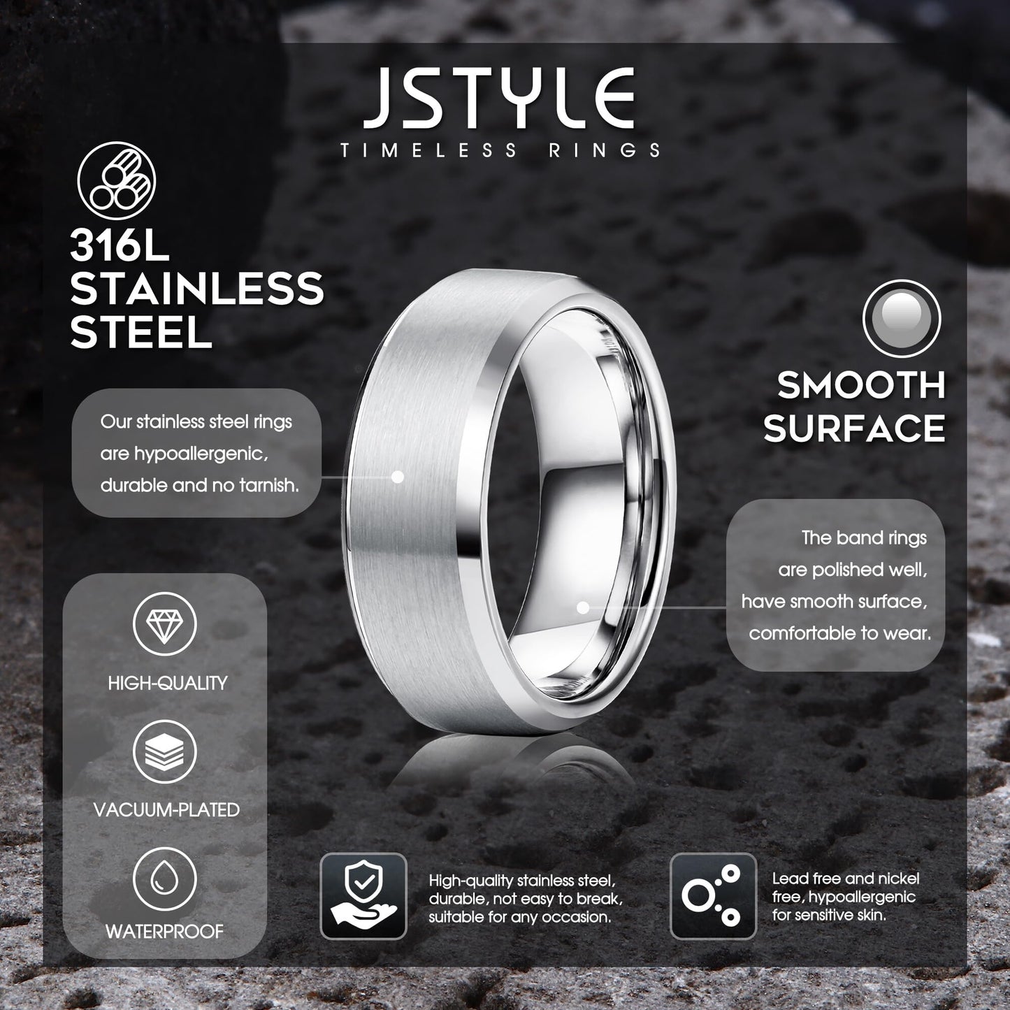 Jstyle Stainless Steel Rings for Men Women 8MM Wedding Band Rings Matte Surface - Beveled Polished Edge Mens Ring Size 9 Silver Plated Ring for Men