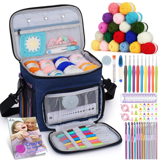 Aeelike Complete Beginner Kit 87PCS, Crochet Kit for Beginners Adults, Navy Portable Yarn Bag, 23 Crochet Hooks,Yarn 20 Colors Skeins, Instruction & Crocheting Accessories
