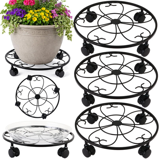 DEELF OUTLET 3 Packs 12 inches Large Metal Plant Caddy with Wheels Round Planter Dolly Pot Mover Rollers Wrought Iron Rolling Plant Stands Indoor Outdoor Wheeled Plant Holder Coaster Trolley, Black