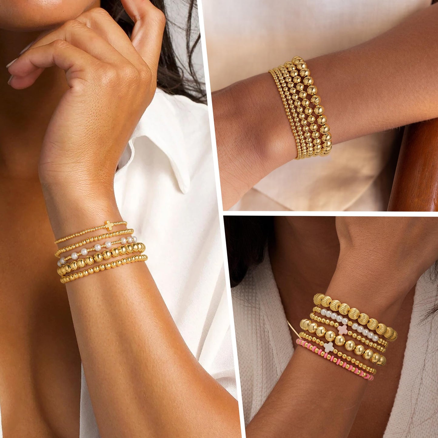 Yoosteel Gold Beaded Bracelets Set for Women - 14k Gold Plated Dainty Round Beaded Bracelet for Women Simplicity Stackable Jewelry Gifts（5 Pcs）