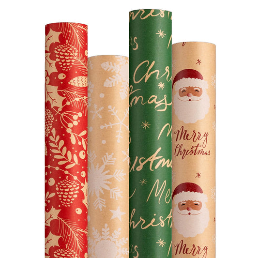 Christmas Kraft Wrapping Paper (4 Rolls, 93 sq. ft. ttl) Santa Claus, Snowflakes, Merry Christmas Script, Pinecones and Foliage Patterns for Holiday Gift Wrap - 17 Inches x 16.5 Feet Per Roll