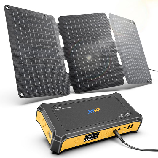 JIYHF Portable Power Station 99.9Wh with Foldable Solar Panel 30W, Laptop Charger & Backup Power with 65W USB-C PD, 100W AC Outlet, 12V DC Output, LED Light for Camping, Home Backup, Emergency, RV