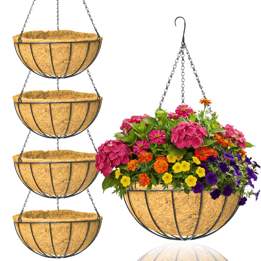 GYATSOCYG 4 Pack 12 Inch Brown Outdoor Metal Hanging Planter Basket Hanging Planters Flower Pot Round Modern Flower Holder Pot Garden Accessory（Watermelon Style）