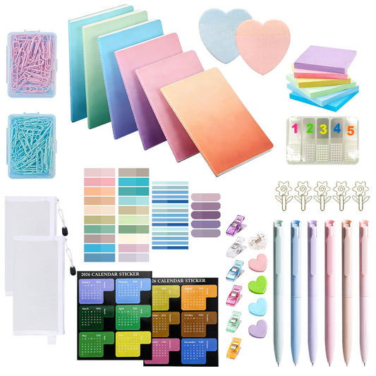 GicCheShark Aesthetic Stationery Set 166 Pcs Cute School Office Supplies with Pencil Case Notebook Gel Pens Sticky Notes Label Stickers File Folders Paper Clips for School Work Office Use