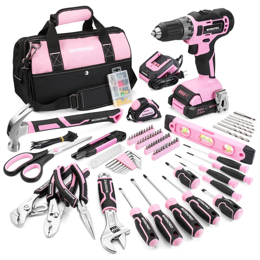 WORKPRO Pink Tool Kit with Drill, Tool Set with 20V Cordless Lithium-ion Drill Driver, Pink Drill Set for Women, 157PCS Home Tool Kit, Lady's Repairing Kit with 14-Inch Storage Bag - Pink Ribbon