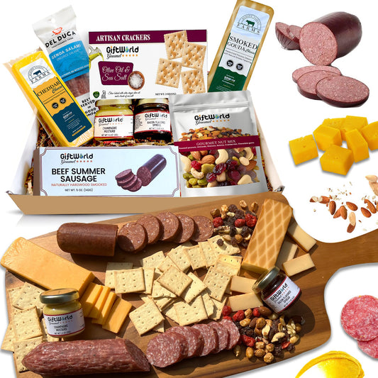 Charcuterie Meat and Cheese Gift Basket, Charcuterie Board Food Items, Food Gifts for Men, Meat Sampler For Men, Tailgating, Business, Congratulations, Care Packages, Thanksgiving and Christmas Gifts (8-item Bundle)