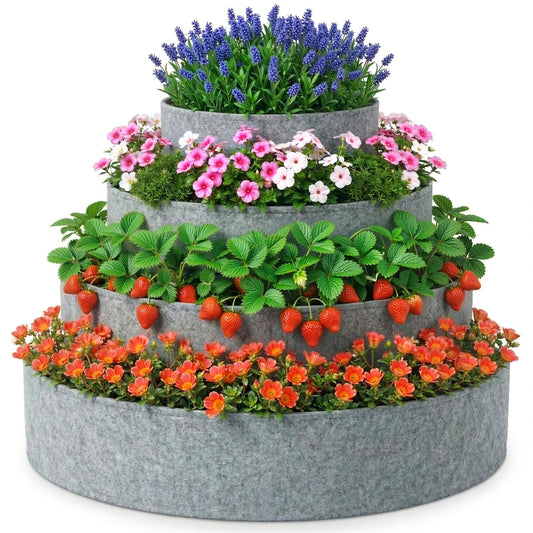 Ninehaoou 4 Pcs Plant Grow Bags 4 Tiered Strawberry Planter Tower Fabric Raised Garden Beds, 39 Inch Nonwoven Strawberry Pyramid Planter for Vegetables Flower Herbs Gardening Outdoor Growing (Gray)