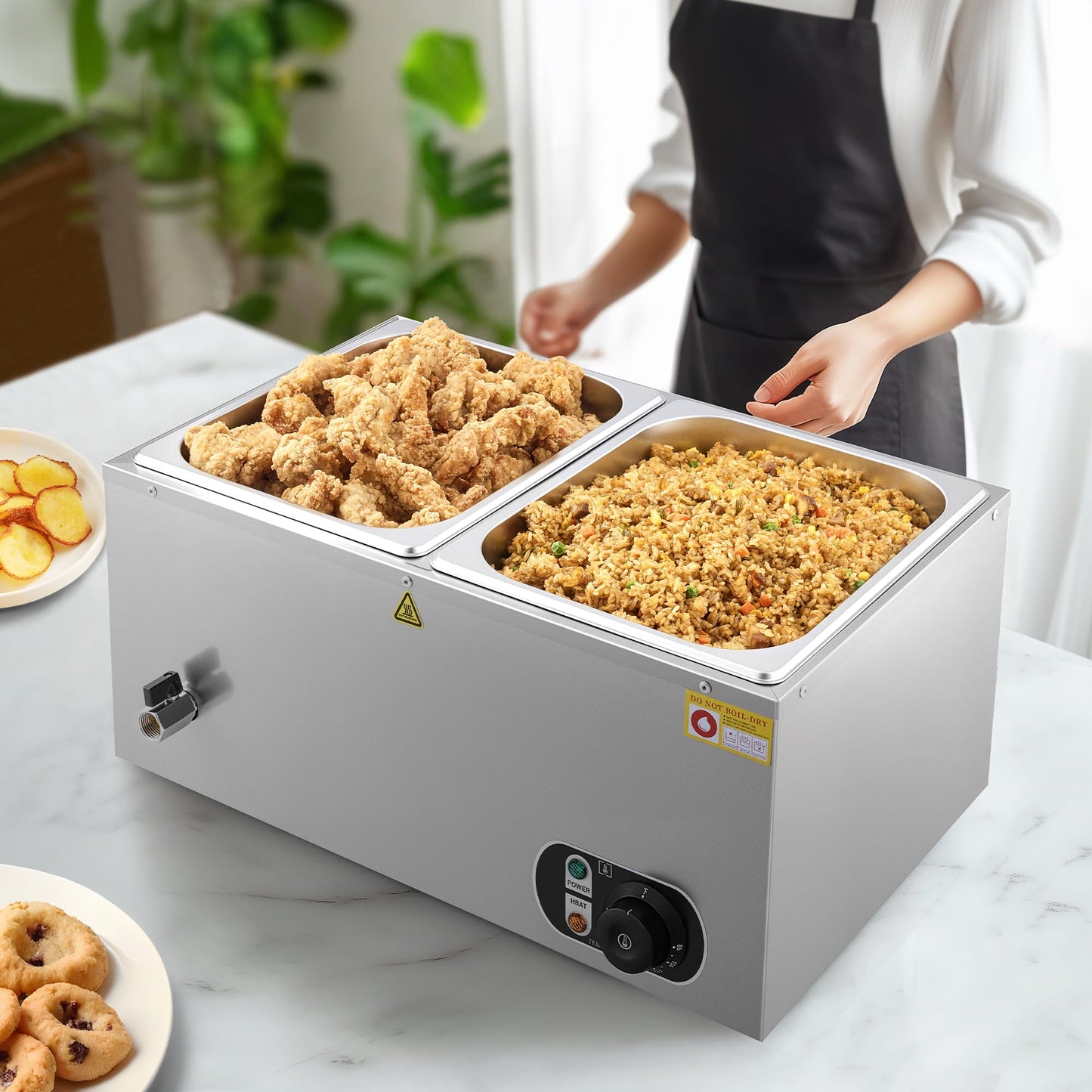 WILPREP Commercial Food Warmer with Two 1/2 Pans, 1500W Countertop Electric Steam Table, 86-185°F Adjustable Temp Control & Over-Temp Protection, Stainless Steel Buffet Bain Marie