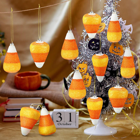 12 Pcs Halloween 3D Glitter Candy Corn Ornaments Large Halloween Candy Corn Hanging Pendant with Ropes Mini Tree Decorations for Halloween Christmas Holiday Garland Candy Party(Candy Style)