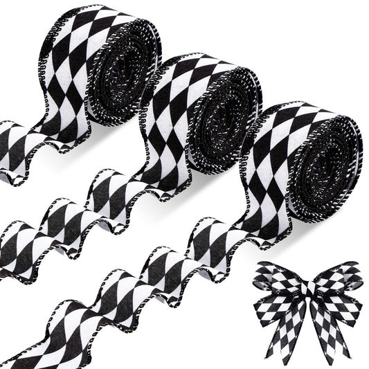 Luinabio 3 Rolls 30 Yard 1.5 Inch Christmas Black White Harlequin Ribbon Checkered Wired Ribbon Decorative for Xmas Fall Tree Wrapping Wreath Bouquet Crafts (Classic Style)