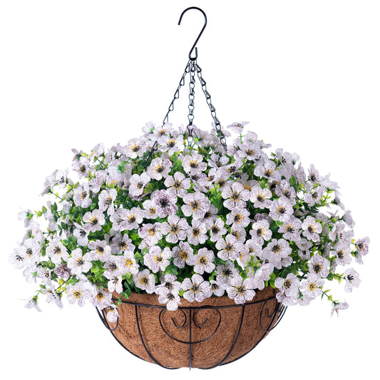 HyeFlora Artificial Fake Hanging White Plants Flowers Basket for Outdoor Fall Winter, Faux Silk Daisy in Planter Realistic UV Resistant for Christmas Outside Porch Home Patio Balcony Yard Decoration