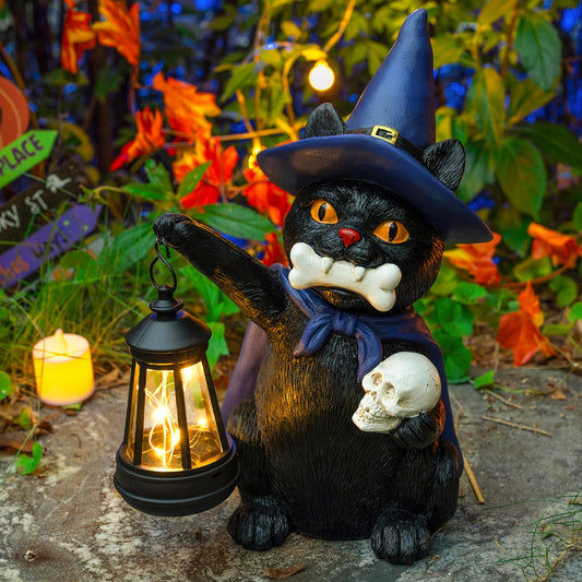 WONDHOME Halloween Black Cat Decor Spooky Solar Cat Garden Statues Holding Skull with LED Lantern Halloween Outdoor Decorations for Porch Patio Yard Lawn Holiday Gardening Gifts for Women