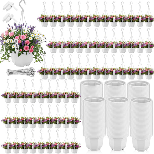 Romooa 200 Pack 5.1 Inch Plastic Hanging Pots Bulk Nursery Hanging Planters with Hooks and Drainage Small Grower Pots for Indoor Outdoor Plants, Garden, Includes 200 Labels(White)