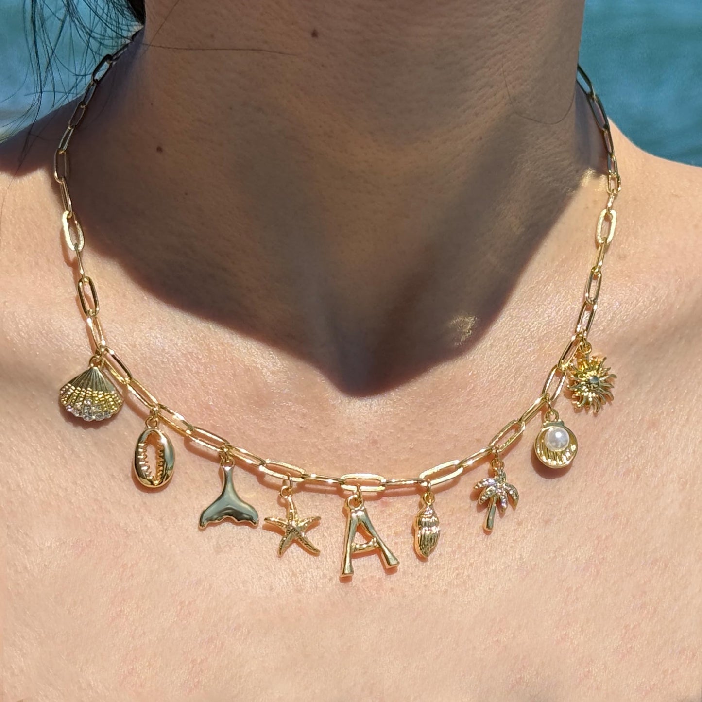 JALZEMPL Initial Charm Necklaces For Women Shell Letter Paperclip Chain Seashell Starfish Beach Summer Pendant Boho Surfer 14K Gold Plated Jewelry Gift (W)